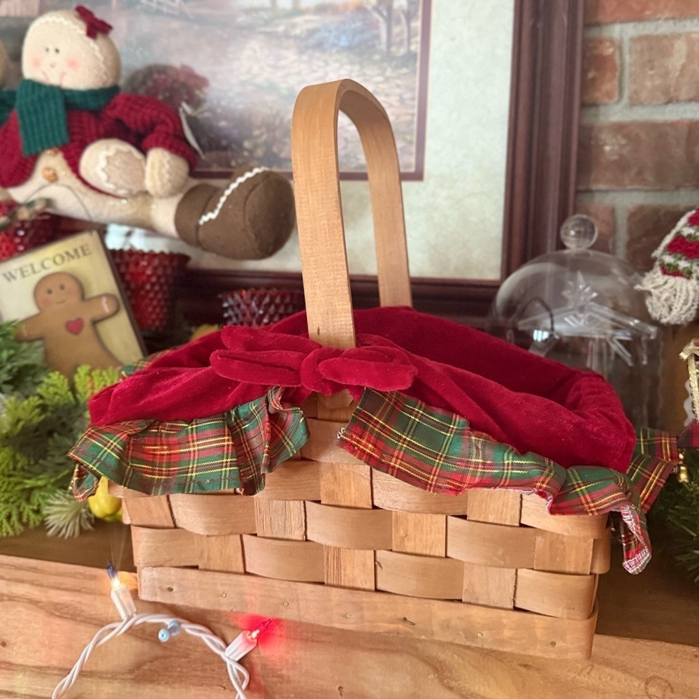 Vintage 1986 Festive Plaid Christmas Basket with Red Velvet Trim
